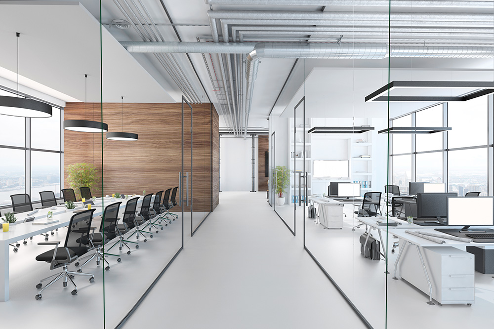 Modern office interior, many work stations with desktop computer and large LCD screen. White floor and minimalist materials. no people, template copy space render